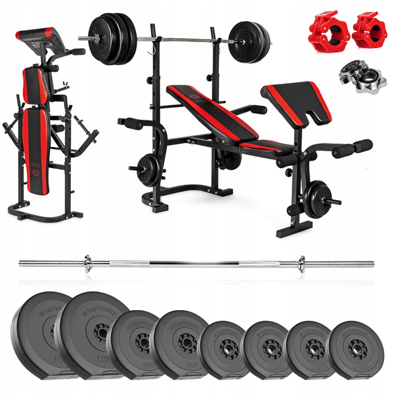 Siłownia zestaw Kulturystyczny Sapphire 62 kg Ławka gryf Obciążenia sztanga