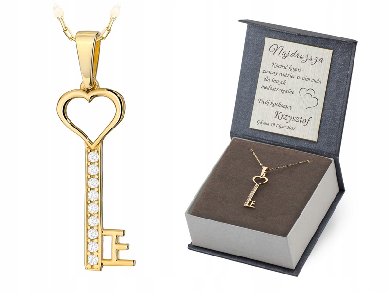 Zlatý Náhrdelník 45 cm pr. 585 Přívěsek Klíč se srdcem Zirkony 14k