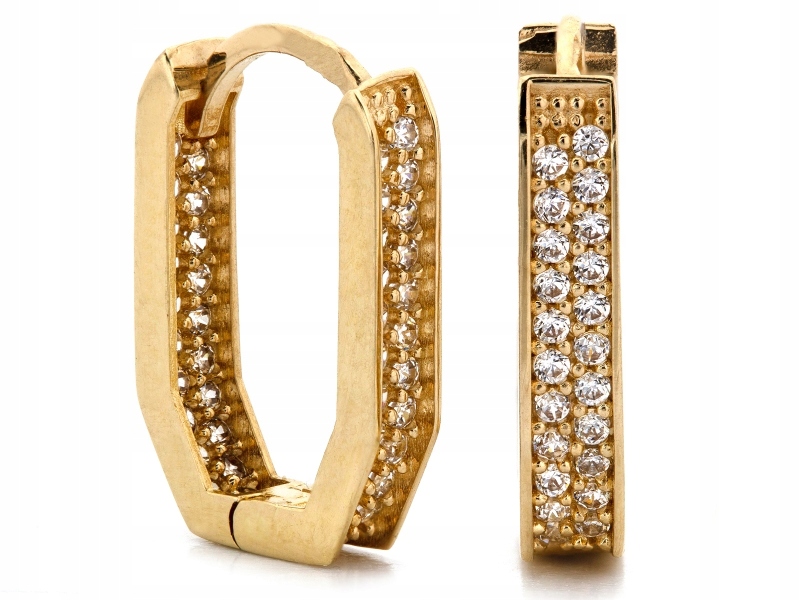 Zlaté náušnice 585 podlouhlé geometrické s bílými zirkony jako dárek