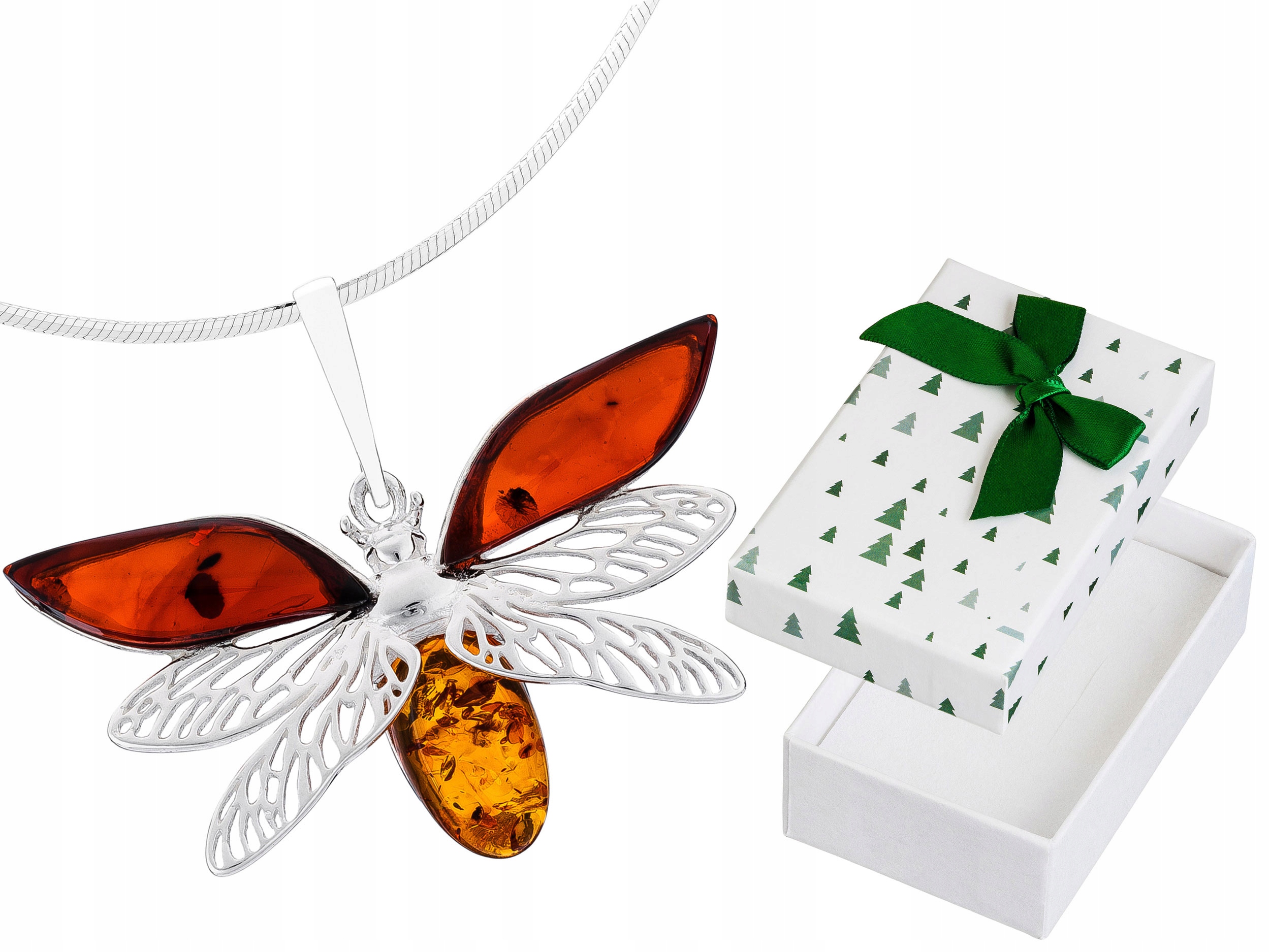 Velký Stříbrný Dámský Náhrdelník Prolamovaný Brouk s Jantarem Dlouhý 60 cm