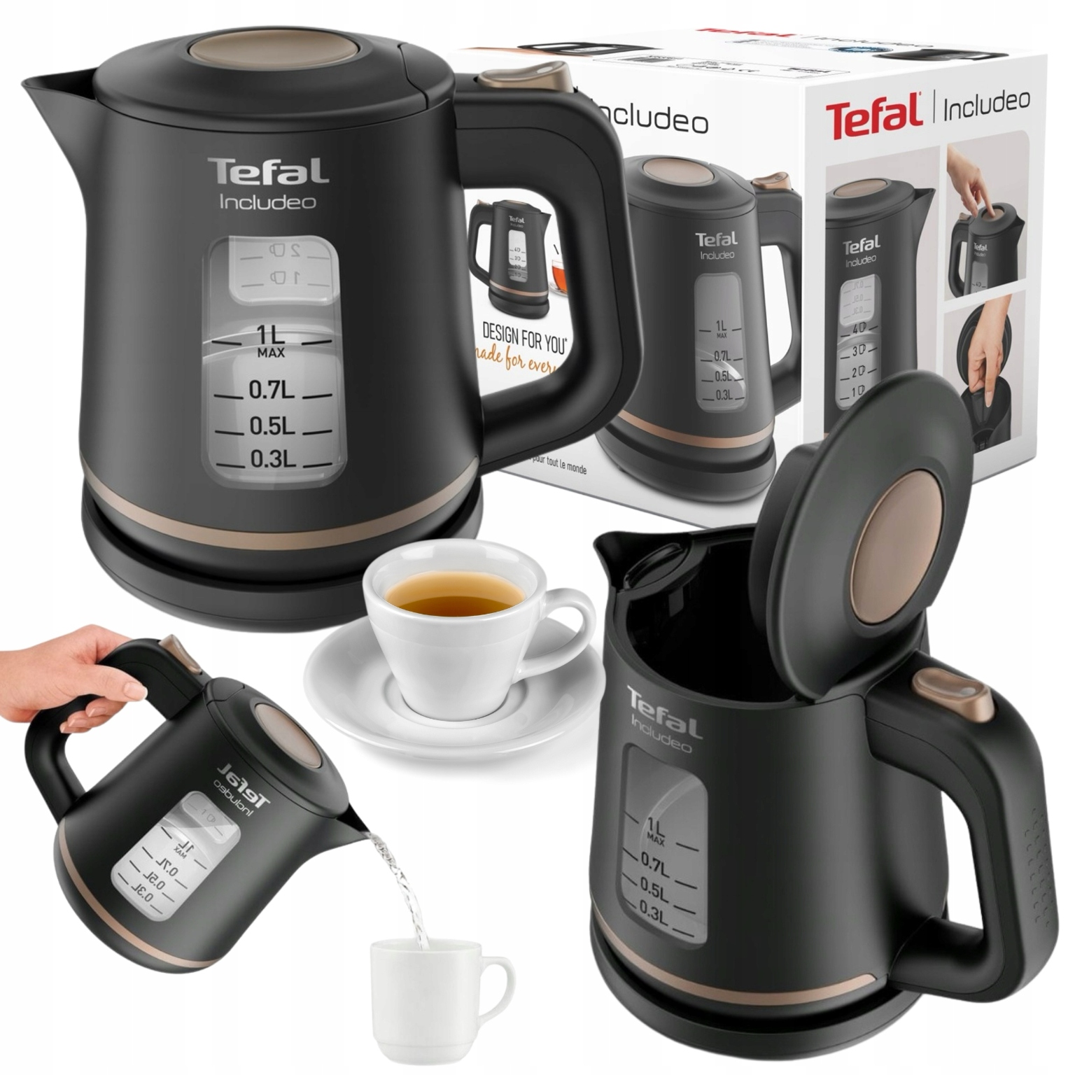 Czajnik Elektryczny Bezprzewodowy Czarny Tefal 1L Mocny 2400W Profesjonalny