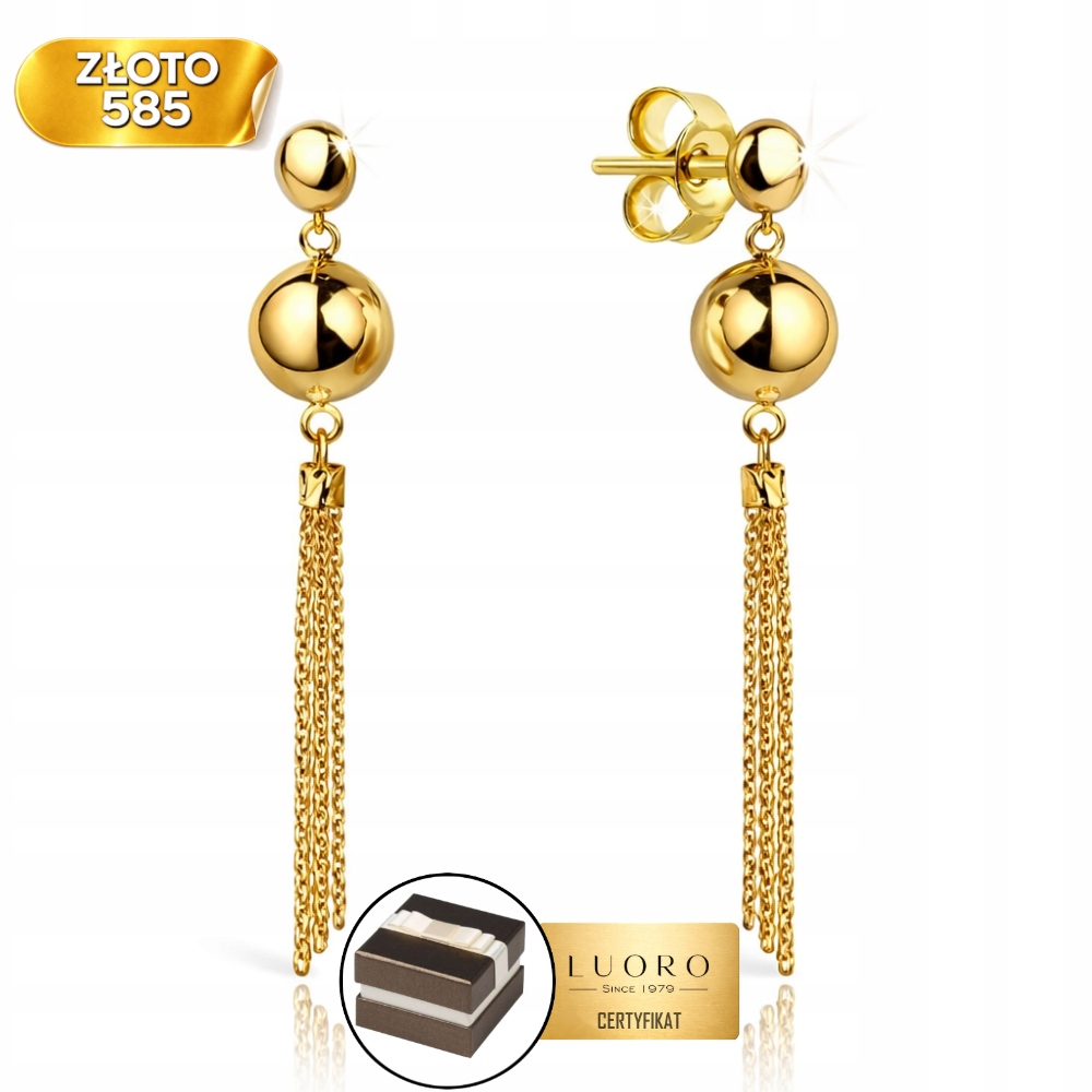 Náušnice Zlaté 585 14K Závěsná Kulička S Řetízky 4 CM Elegantní