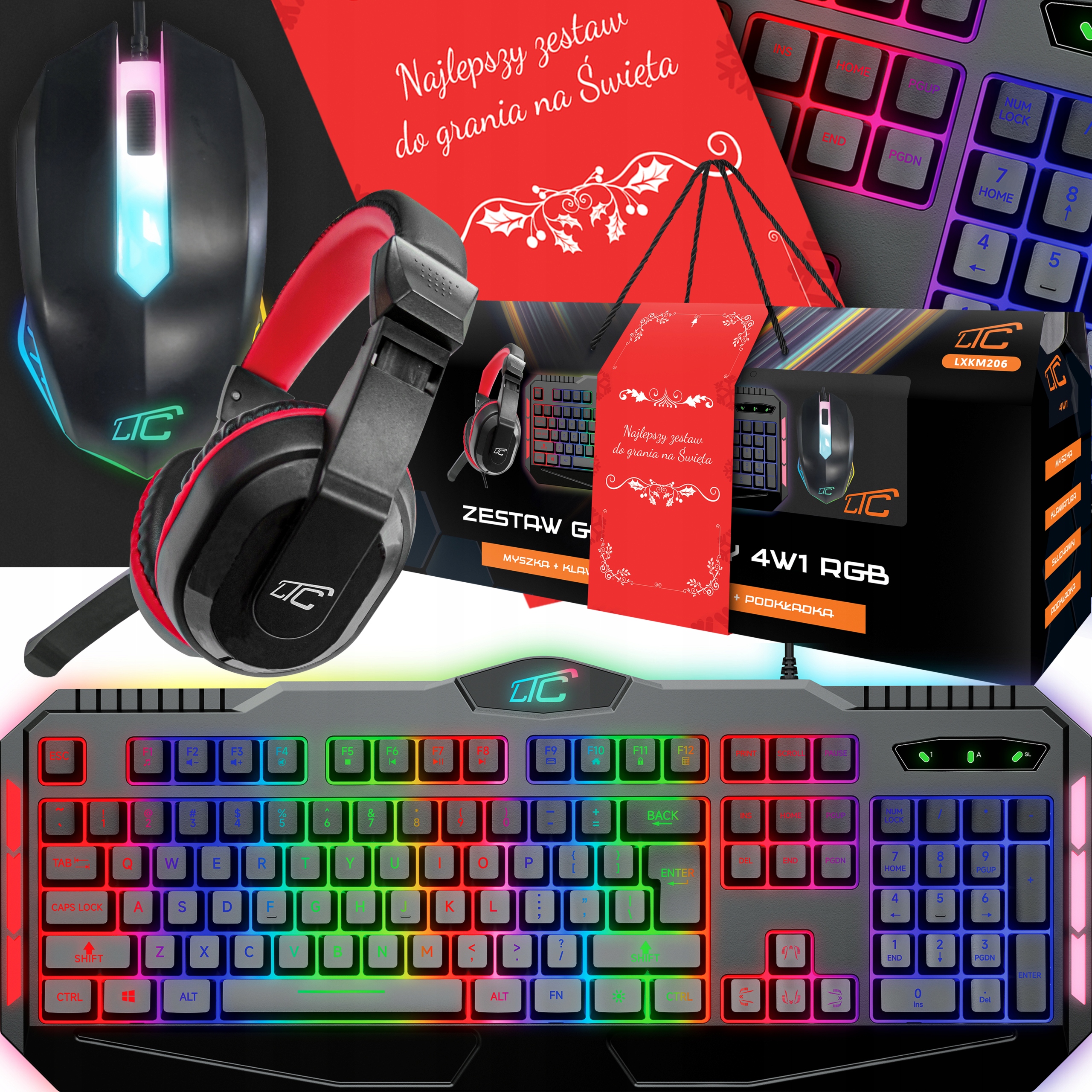 Klawiatura Myszka Podkładka Mikrofon Słuchawki Zestaw Gamingowy 4W1