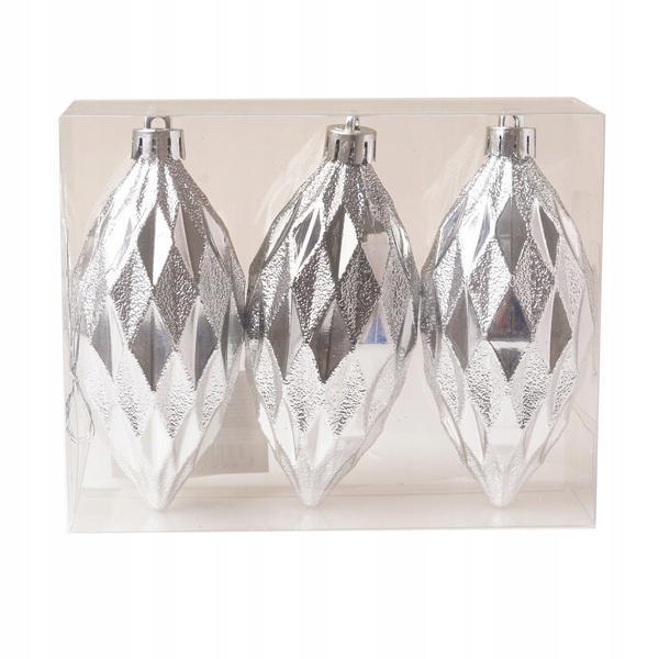 

Bombka 3szt 10cm podłużna, romby srebrna