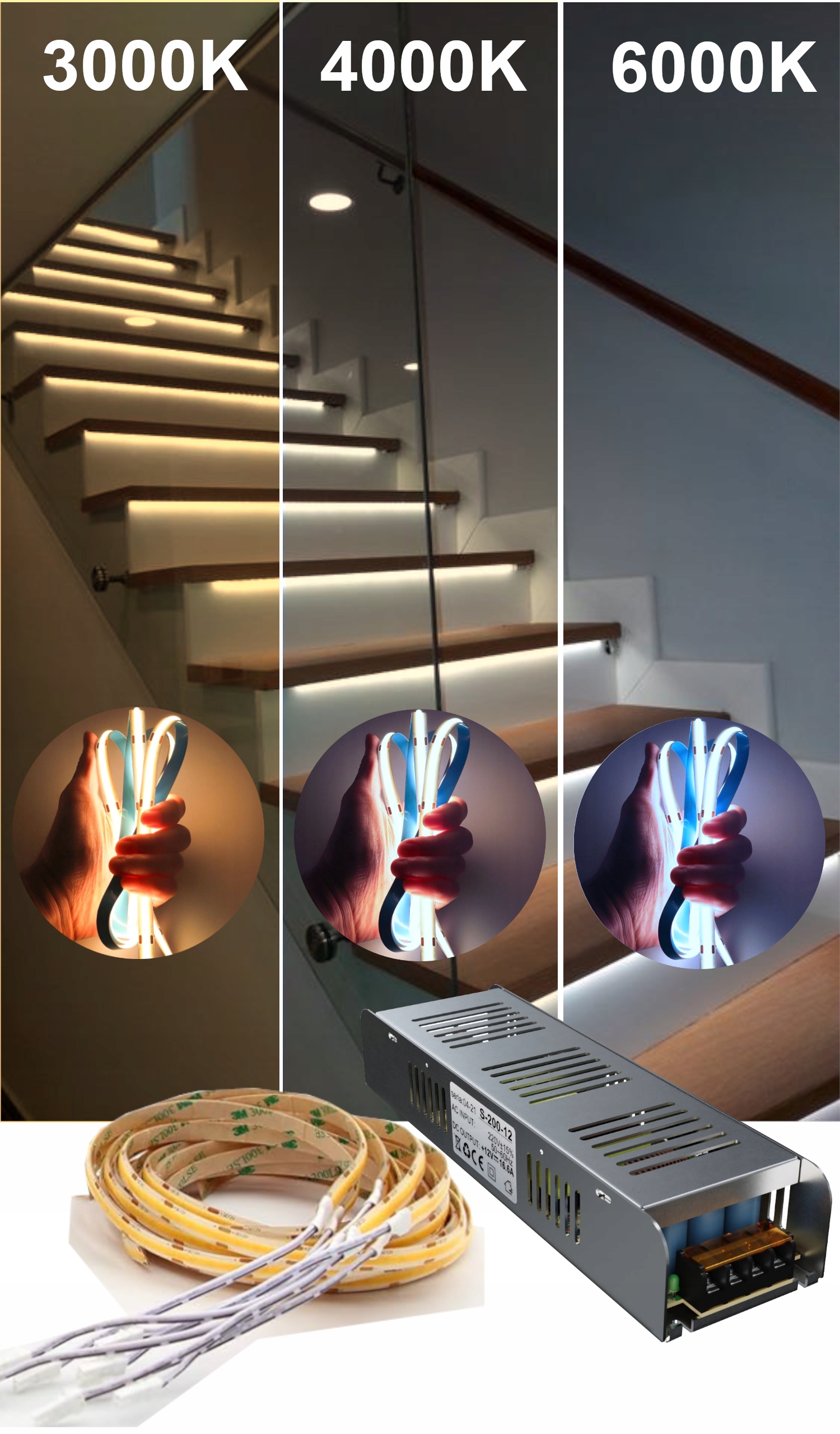 Sada Schodového Osvetlenia 16x1 m Led Pásky Cob S Káblom 1 m Napájací Zdroj