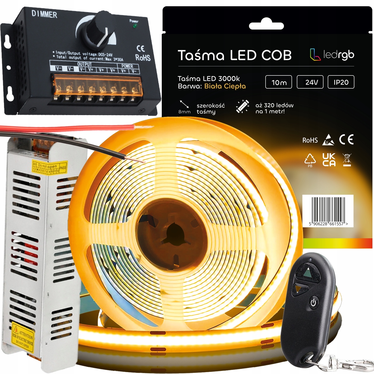 Sada Led pásků Neon Cob 24V 10 m 3000 Bílá Teplá Napájecí Adaptér Knoflík Dálkový Ovladač