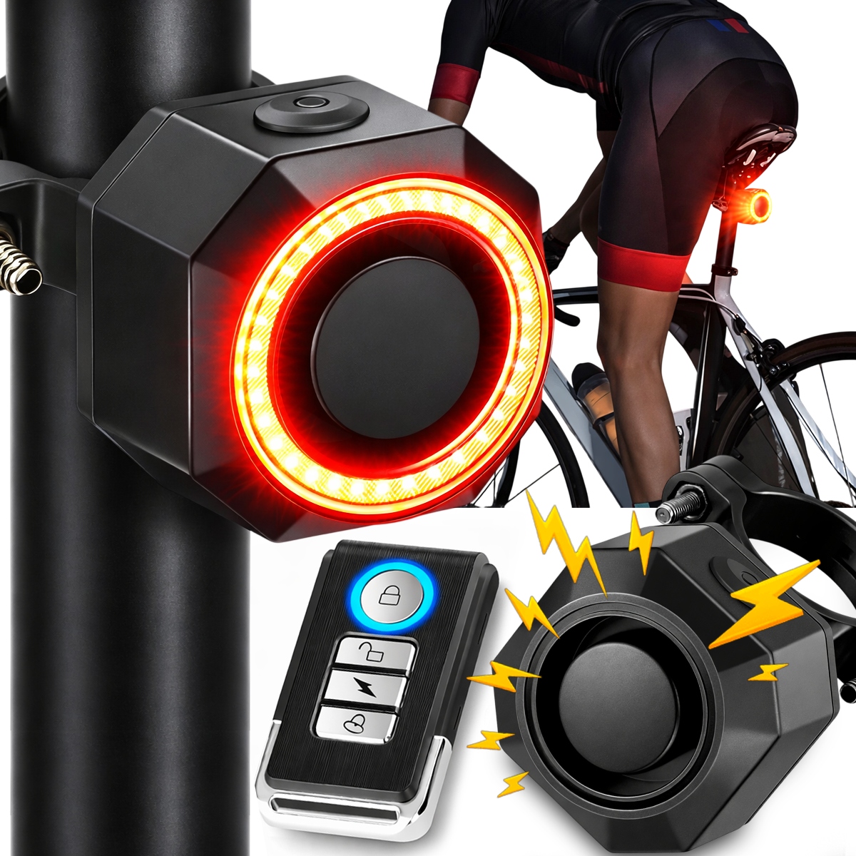 Lampka tylna rowerowa z alarmem akumulatorowa dioda Led 4 tryby Alarm