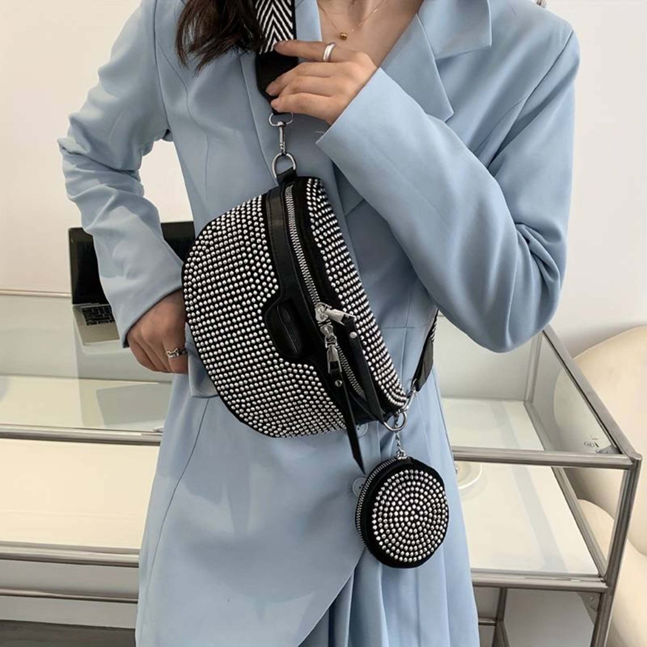 DAMSKA SASZETKA NERKA BAG NA RAMIĘ Z PORTFELIKIEM TOREBKA CROSSBODY CEKINY Kolor czarny