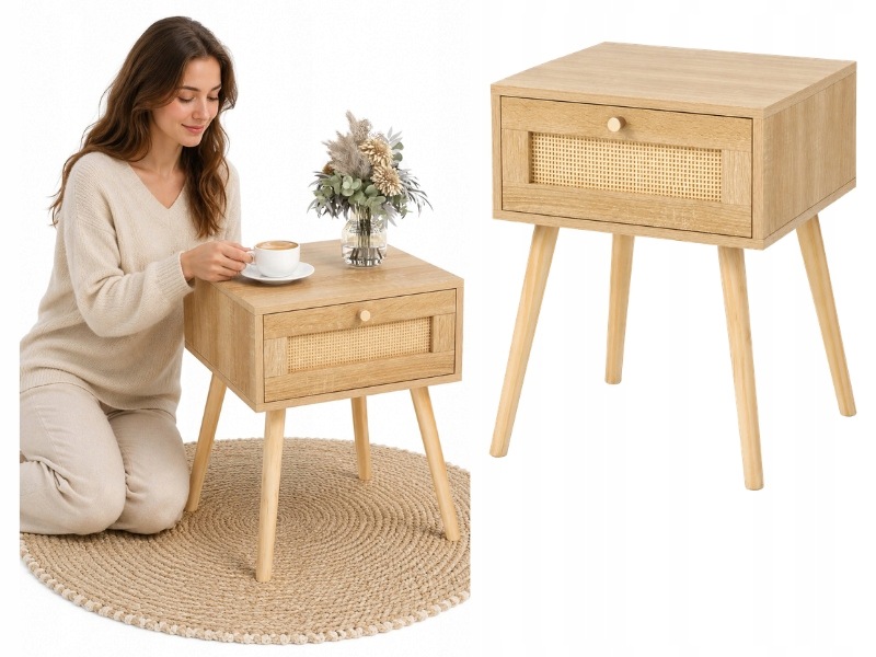 Noční Stolek Boho Se Zásuvkou Rattan Dub 40x40x55 CM Skříňka Boční Stolek