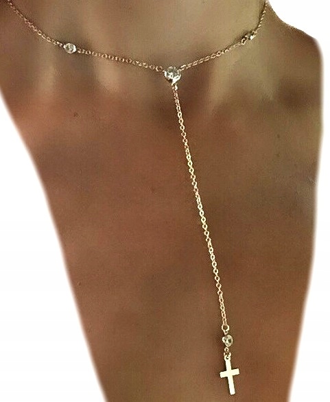 

Złoty naszyjnik długi krzyż choker cyrkonie boho