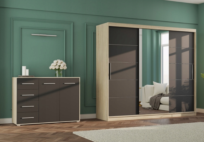 Zestaw szafa przesuwna ALBA 250 lustro komoda FRIDA szuflady kolory półki Kolekcja ALBA