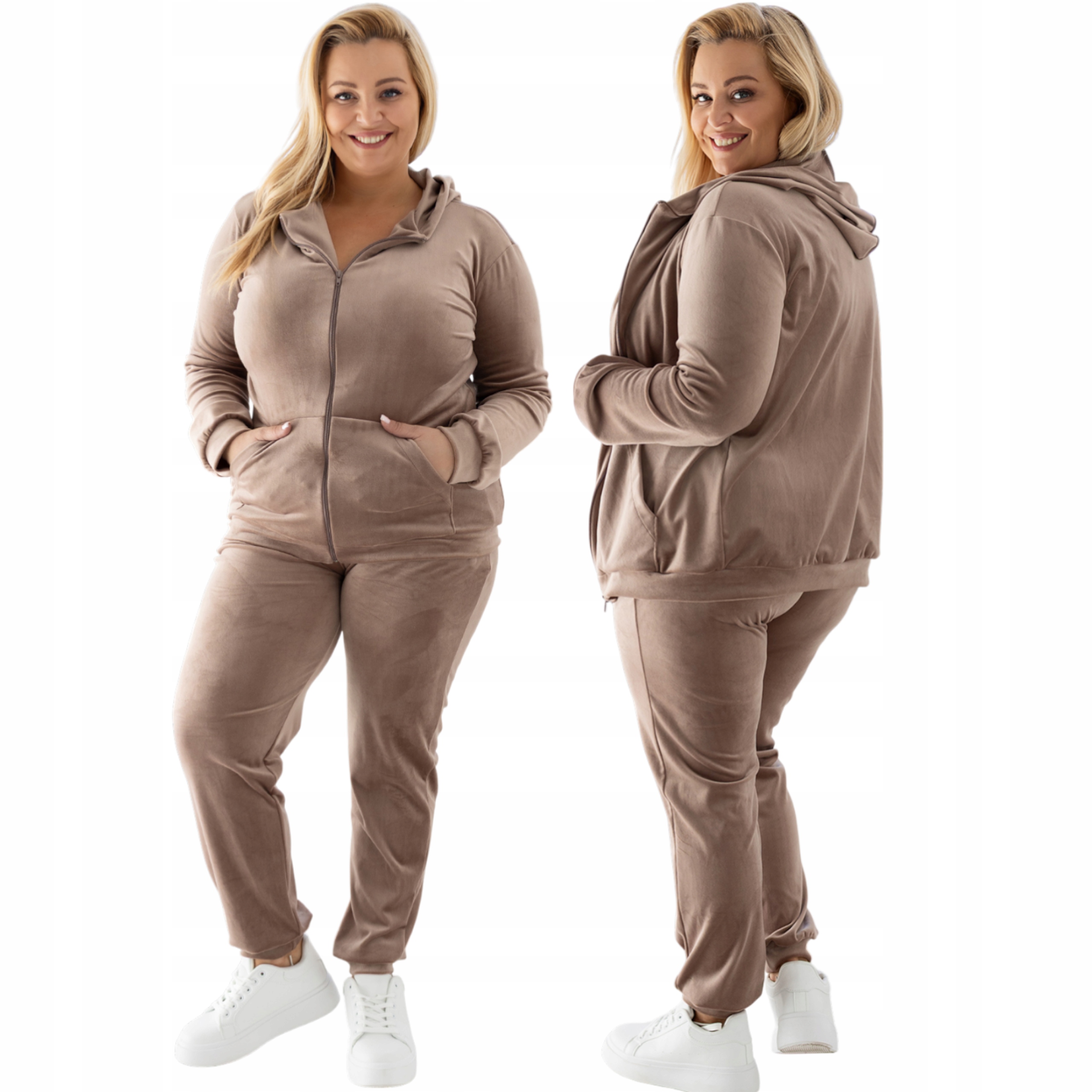 Dres Welurowy Damski Plus Size Komplet Rozpinany z Kapturem Cappuccino 3XL