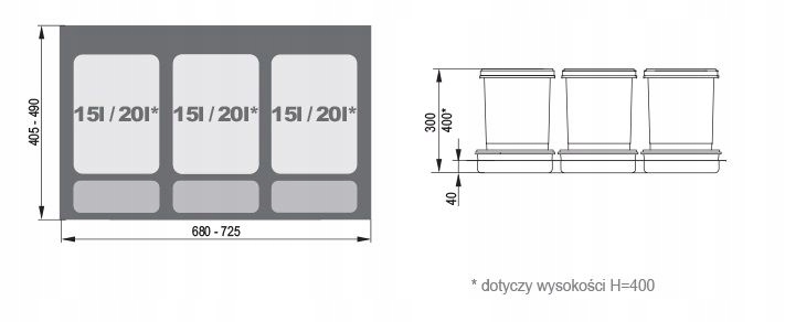 Kosz na śmieci Pojemnik Rejs PRAKTIKO 80 3x20l Liczba sztuk 1 szt.