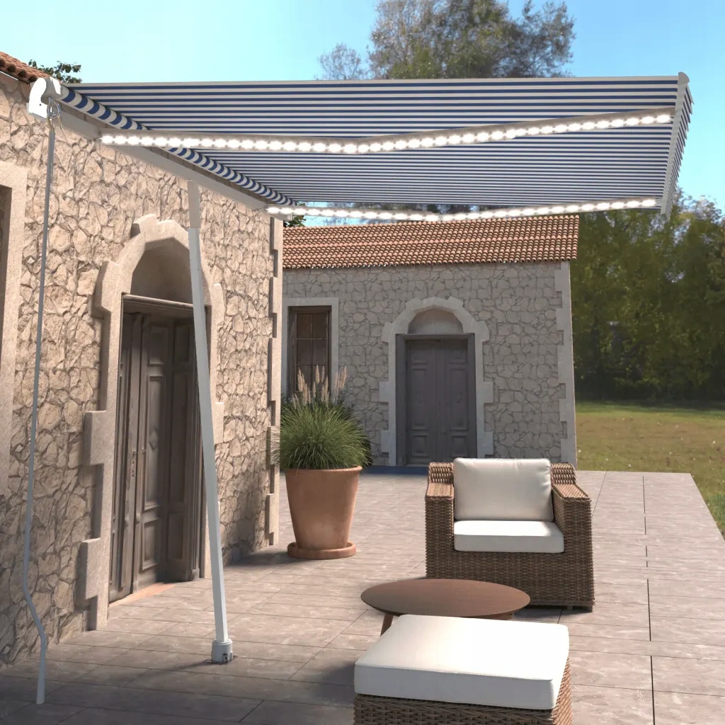 Ručně zatahovací markýza s Led světlem 300 x 250 cm modrobílá Modrá 3069501