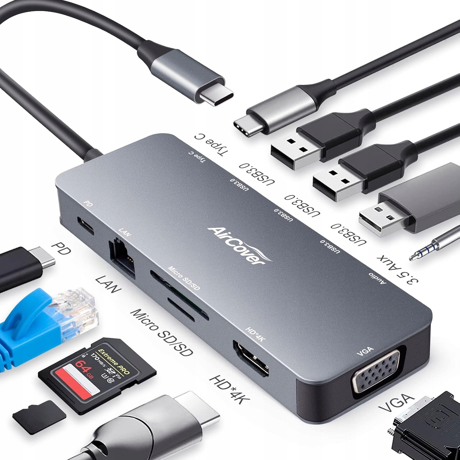 Usb C hub AirCover 11v1 Hdmi Vga Ethernet Usb 3.0 Sd Aux rychlé nabíjení