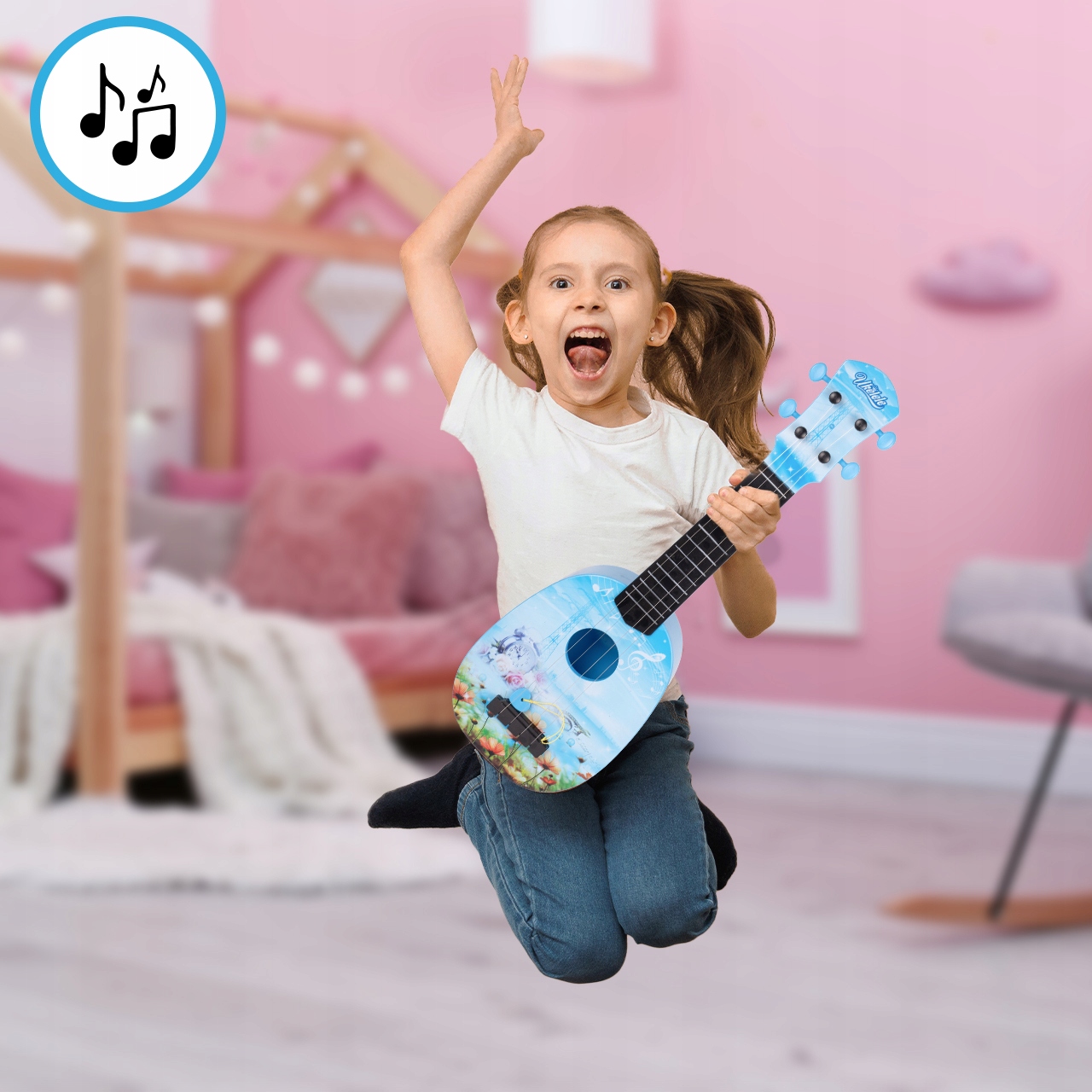 UKULELE-GITARRE FÜR KINDER, SPIELINSTRUMENT LERNEN, 4 SAITEN, BLAU. Material: Kunststoff