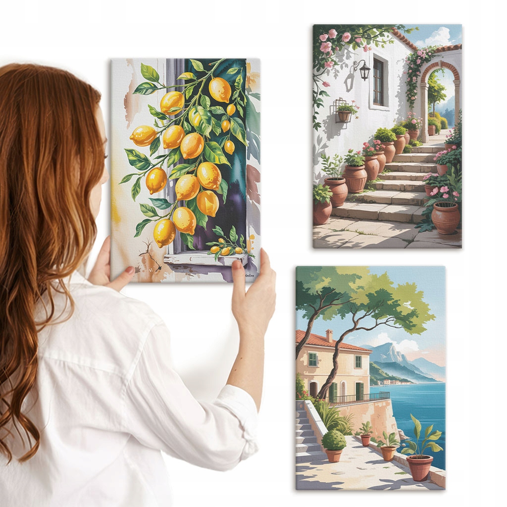 Komplet obrazů na plátně Závěsné citrony květiny výhledy moře 3x 20x30 cm