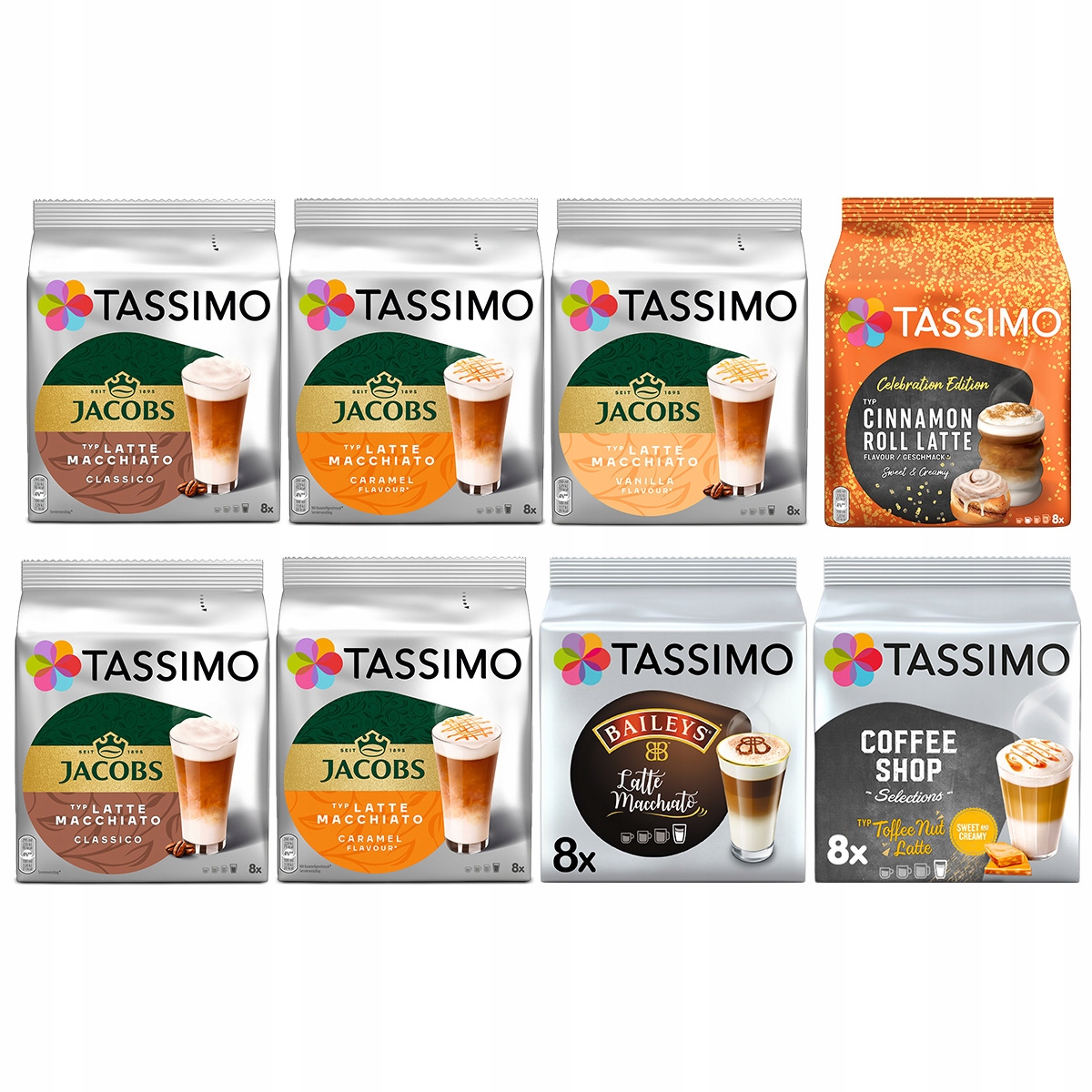 Kapsułki Tassimo Jacobs mix kaw białych i latte 8 opakowań, 7+1 Gratis!