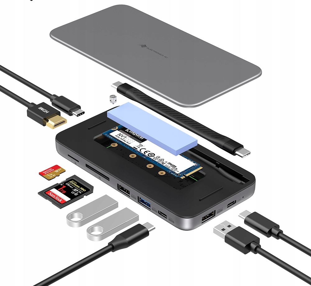 Dokovací stanice Hub 8v1 Usb C 3.0 3.1 Sd Tf Hdmi M.2 NVMe 10Gb Ssd MC15 60W