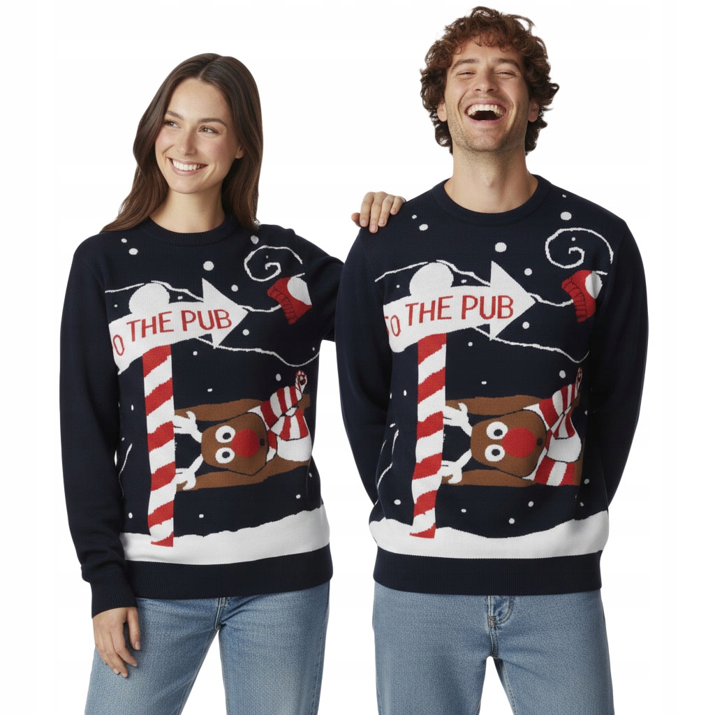 Vánoční svetr s motivem soba a nápisem "To the Pub" námořnická modrá (tmavě modrá) vánoční sada