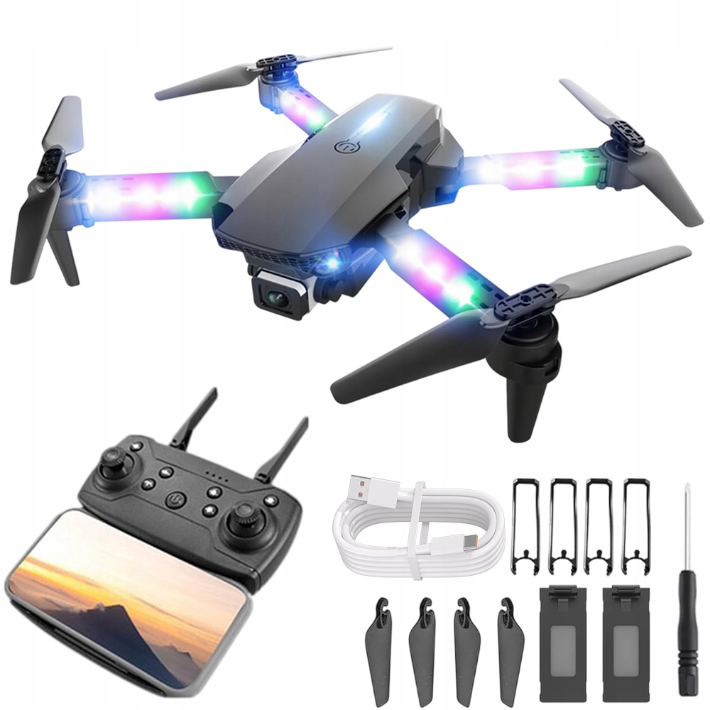DRON Z 2 KAMERĄ PILOT HD RAMIĘ KOLOROWY LED FUTERAŁ ŻYROSKOP 1800MAH