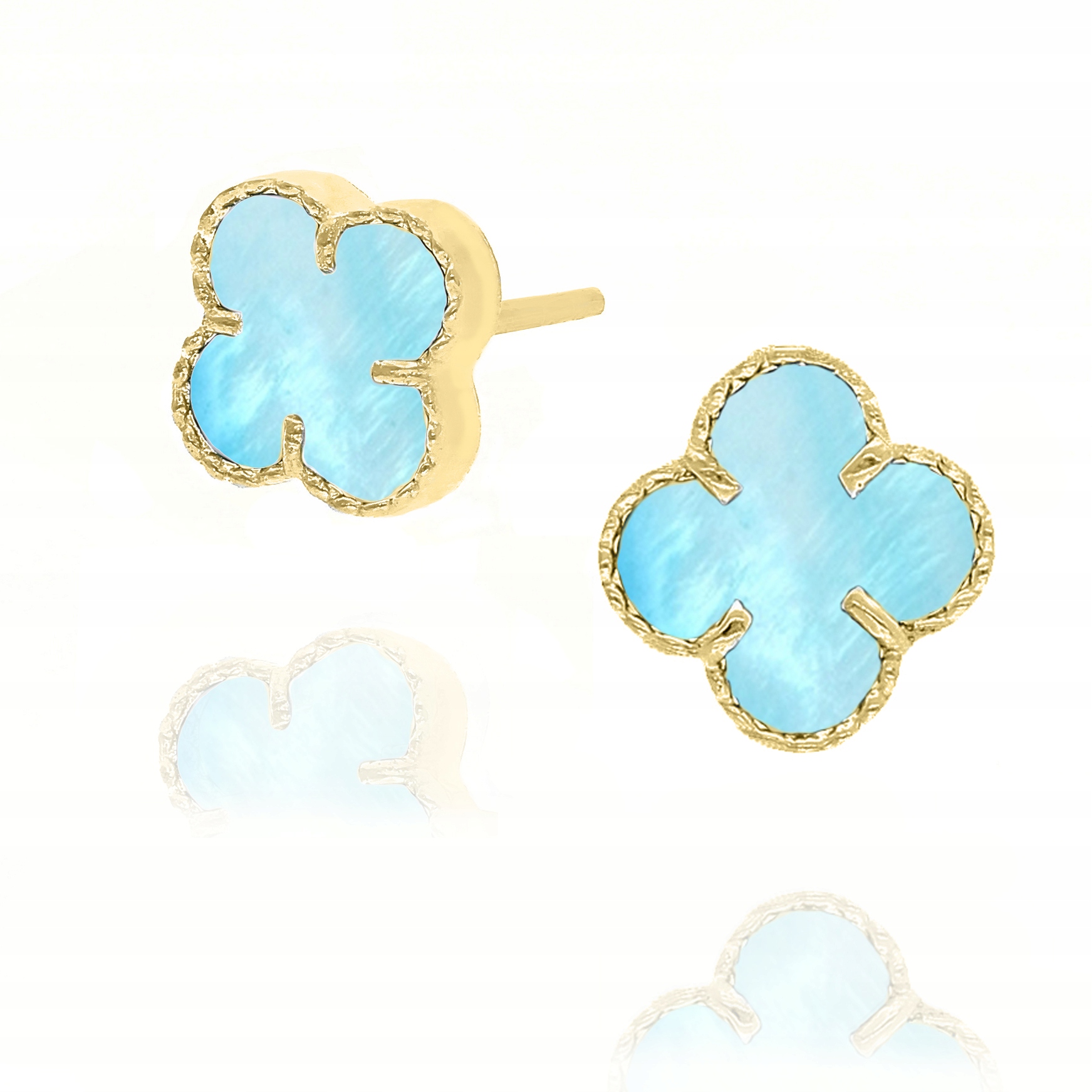 Zlaté pozlacené náušnice na puzetě čtyřlístek s modrou perletí Ag 925