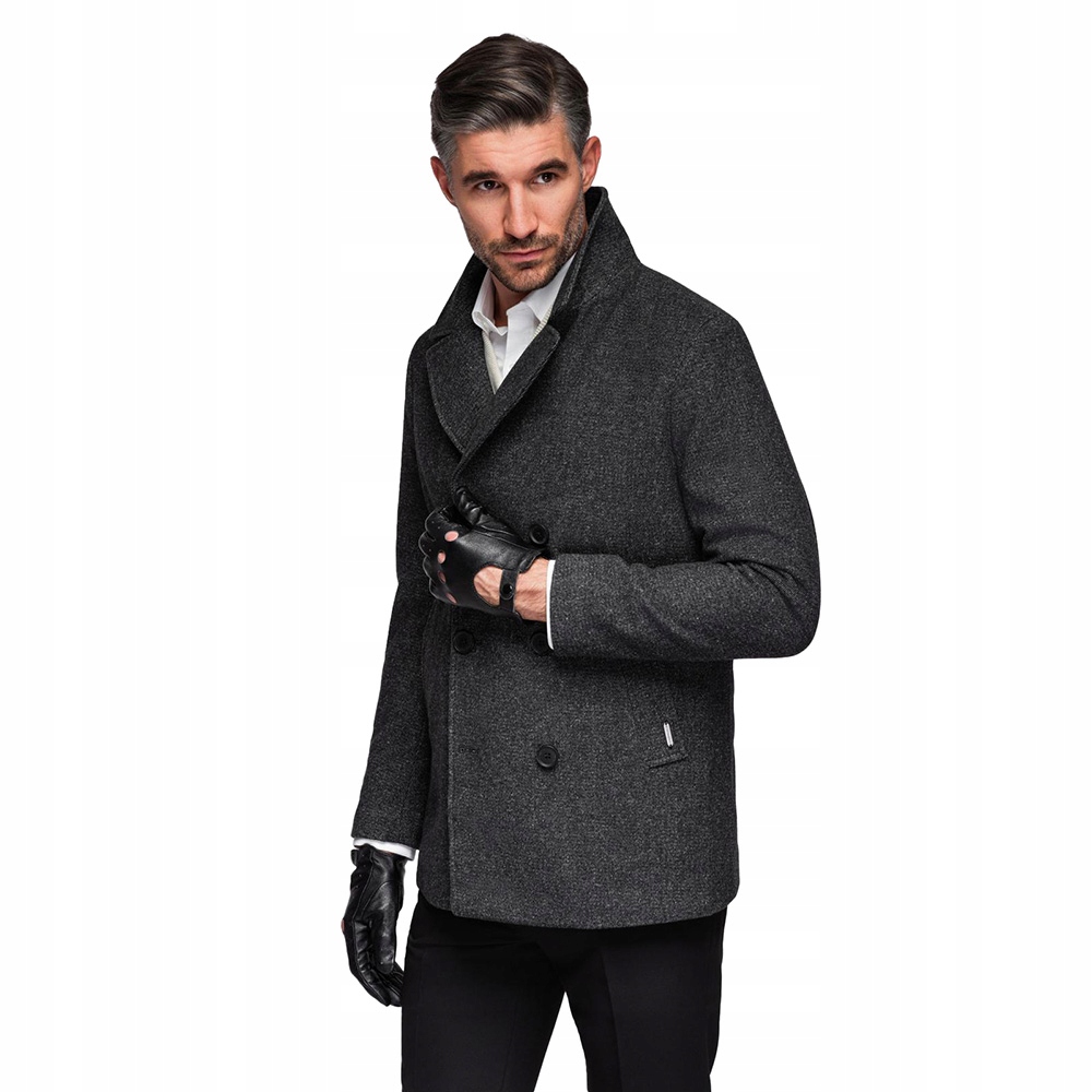 Krátký pánský dvouřadý kabát z vlny grafitový V1 OM-COWC-0115 XL