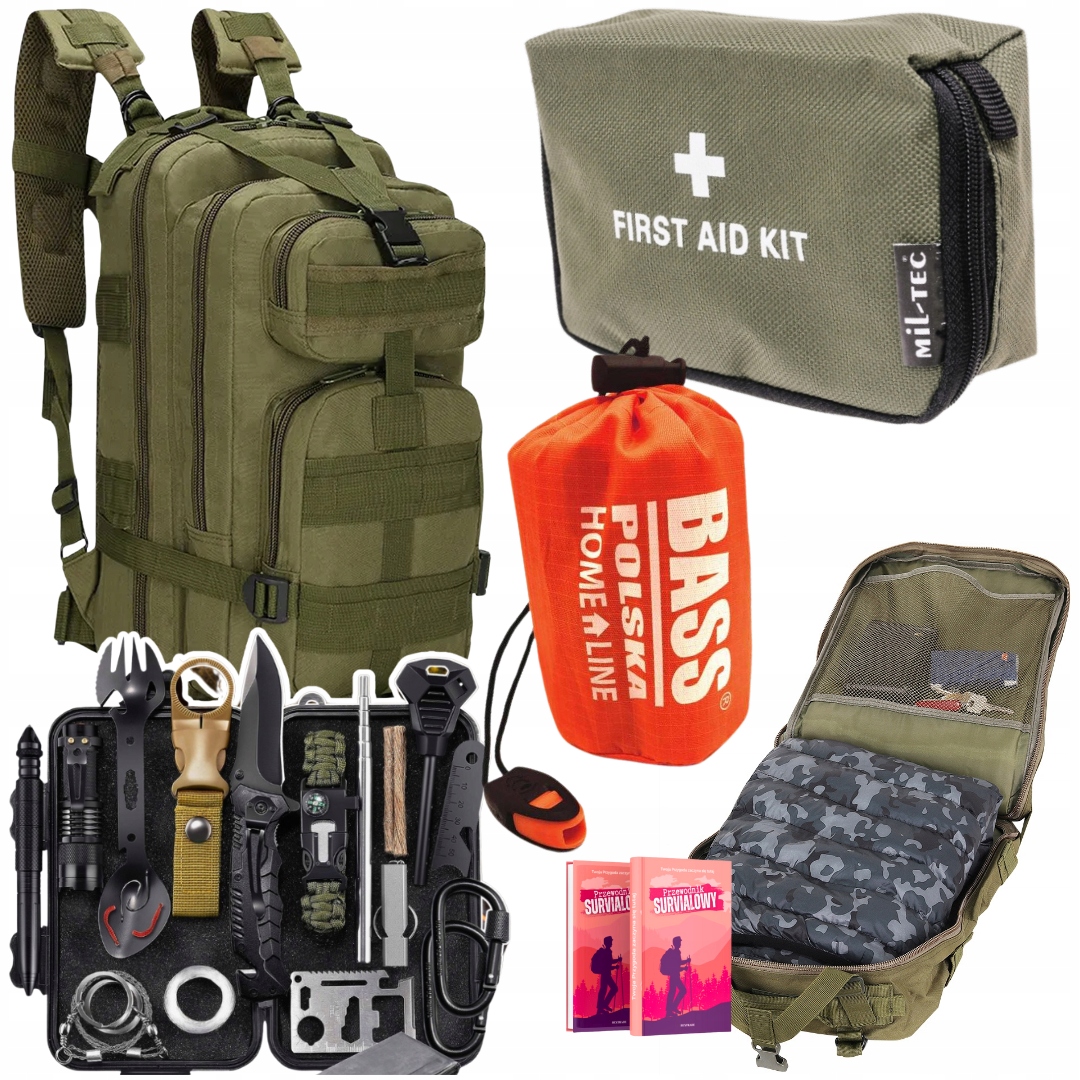 Turystyczny Kit Przetrwania Zestaw Survival Plecak Khaki Śpiwór Apteczka