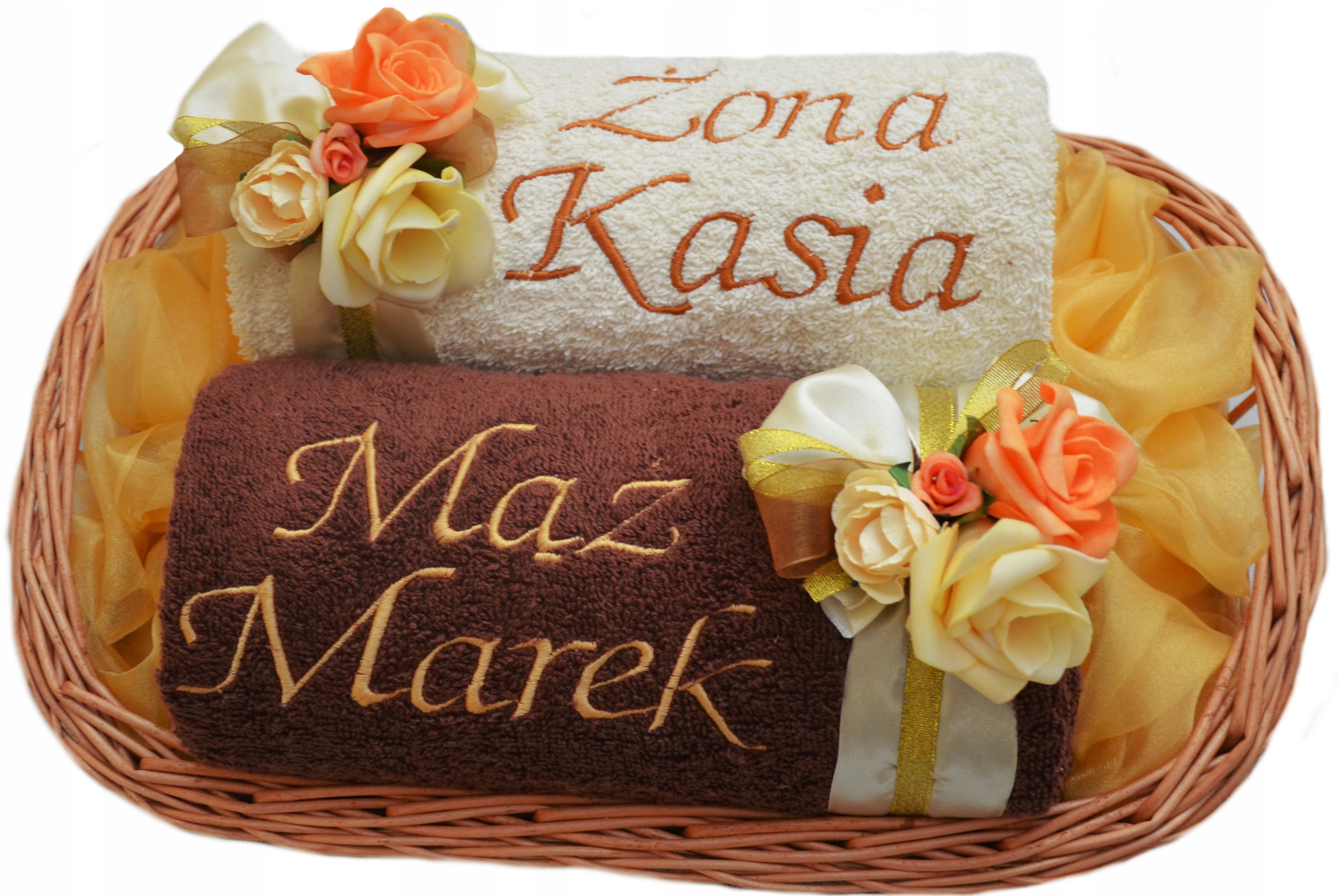 Prezent ŚLUBNY na ŚLUB 2 RĘCZNIKI z HAFTEM + KOSZ