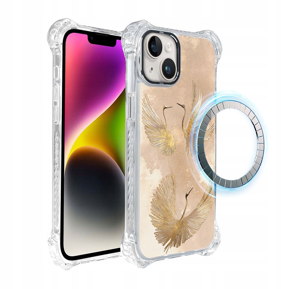 Pouzdro iPhone 14 Plus Ibizu DropGuard Ultra s MagSafe, zlaté jeřáby