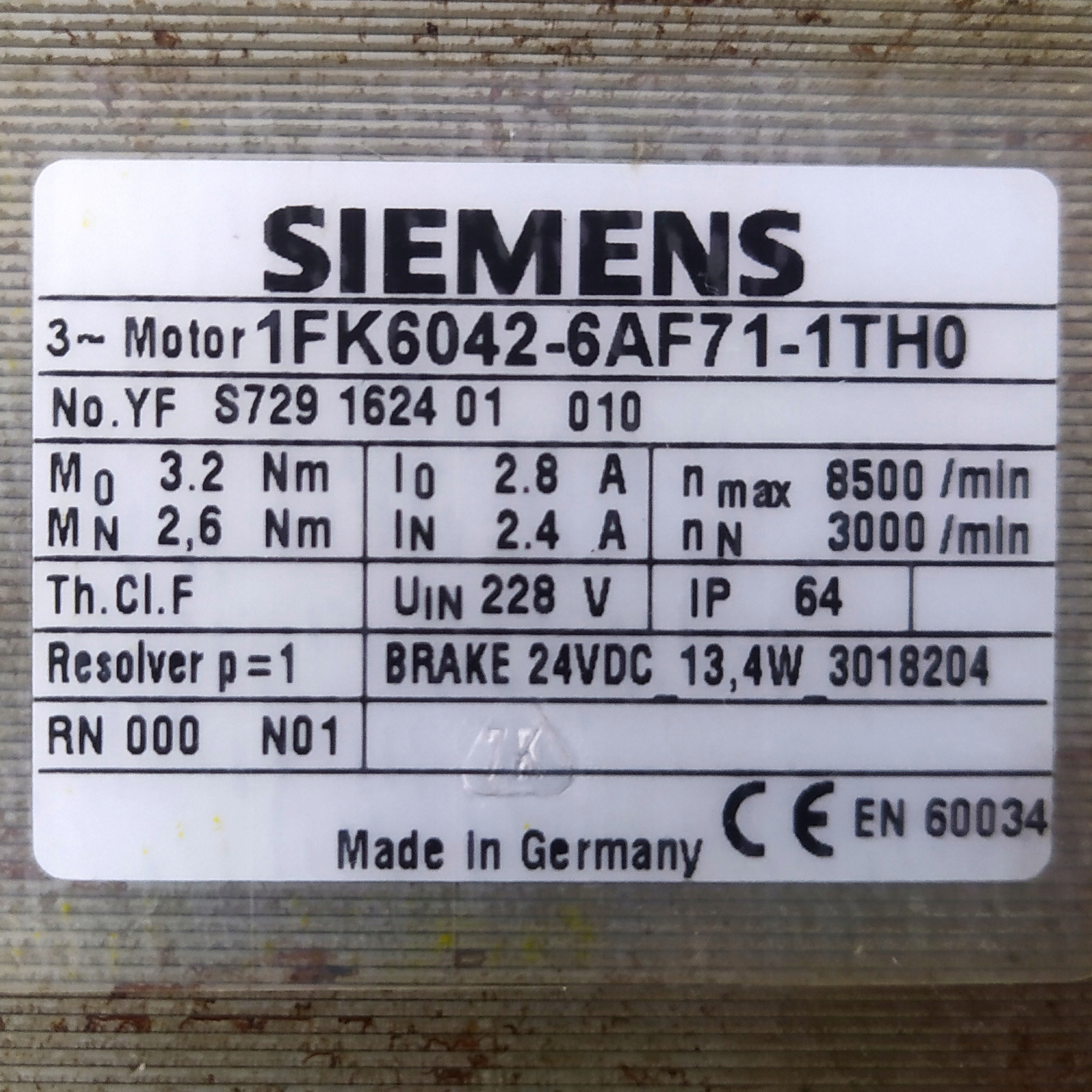 SIEMENS SIMOTICS SERWOMOTOR 1FK6042-6AF71-1TH0 Marka Siemens