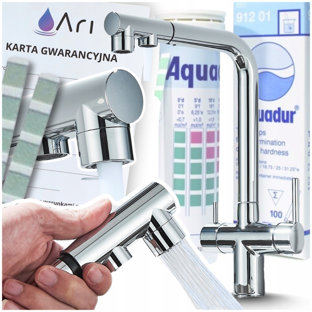 Kuchyňská baterie Chrom Třícestná pro vodní filtr s vytahovací sprškou Atest
