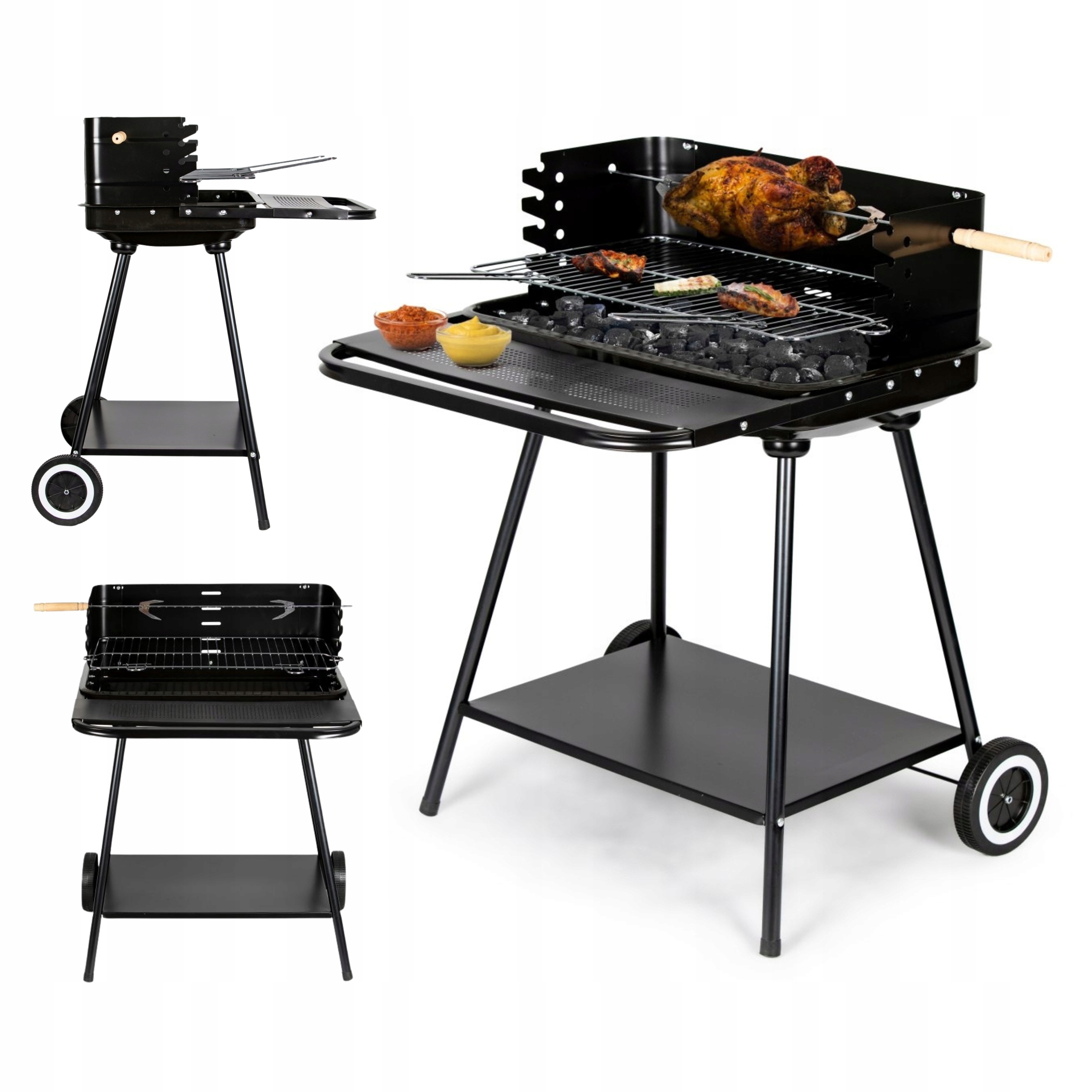 Grill Ogrodowy Z Rożnem I Regulacją Rusztu Przenośny Kółka 2 Duże Półki