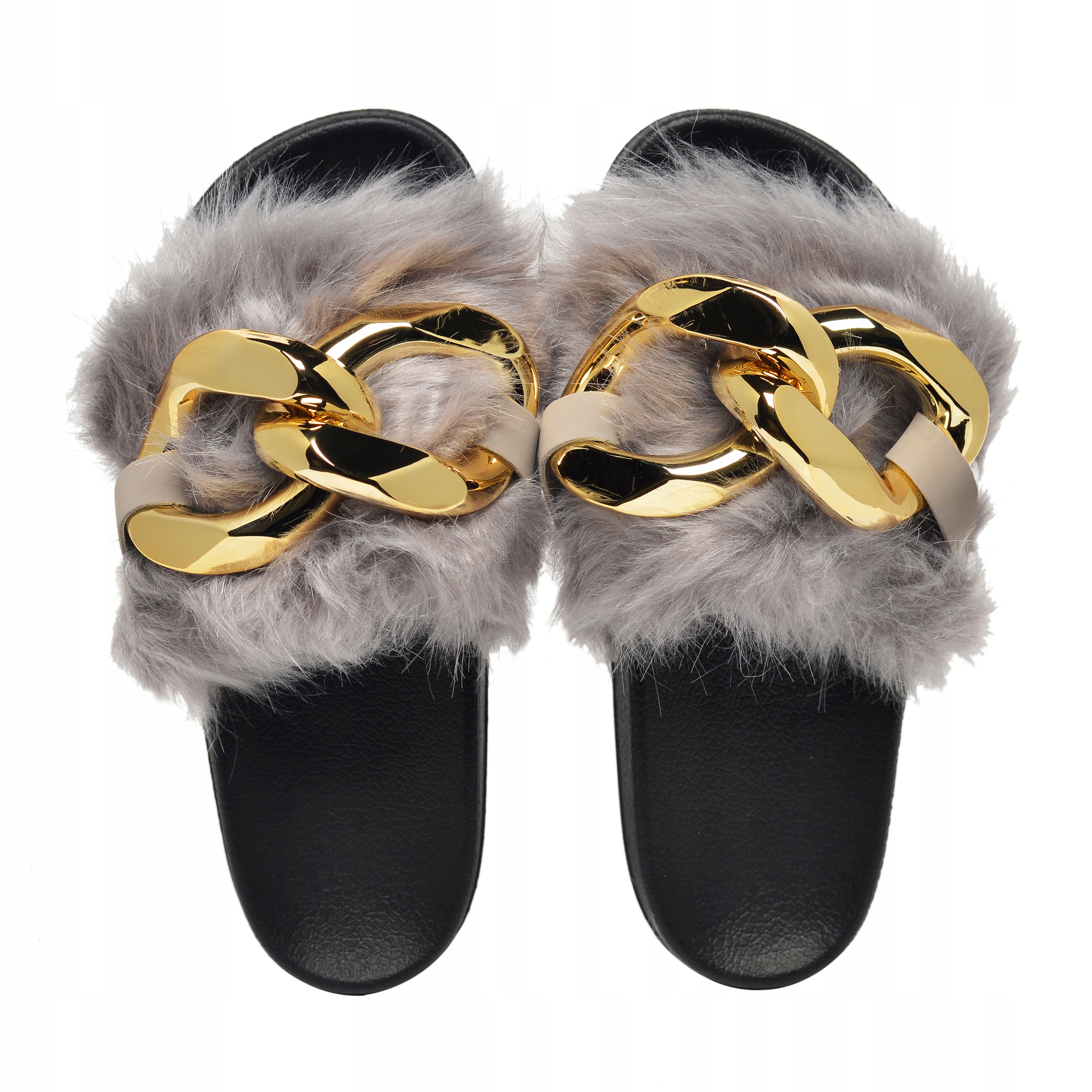 

Klapki Damskie Futerko Z Łańcuszkiem Szare