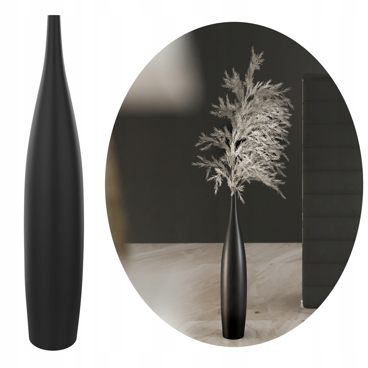 Podlahová Váza Velká Černá Matná Dekorativní Do Obývacího Pokoje Štíhlá Dlouhá 70 cm