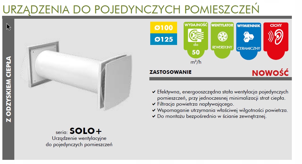 Rekuperator ścienny VENTS VENTIKA SOLO+ 100 z pilotem 46m3/h, higrostat Marka Ventika