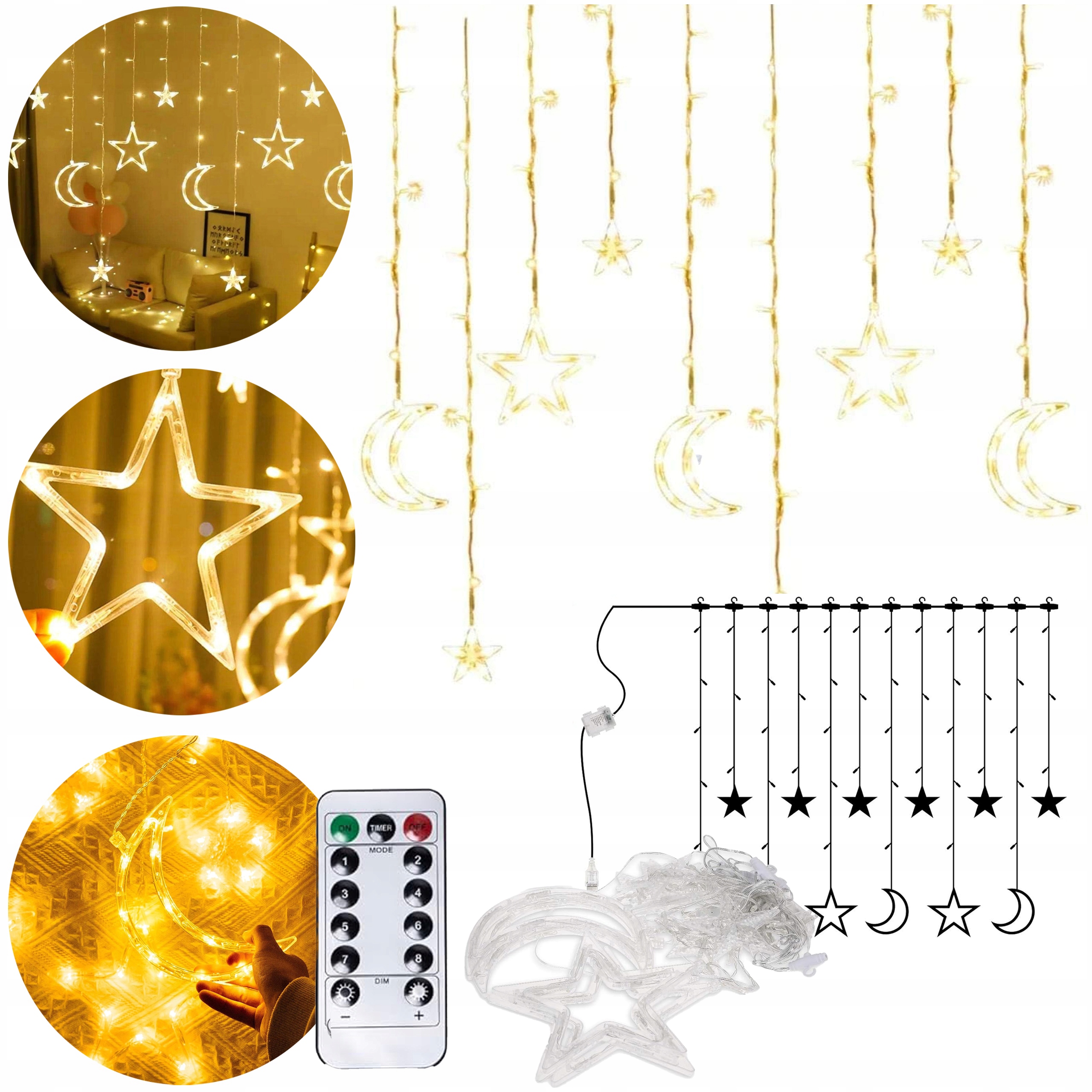 Závěsné lampy světelná girlanda záclona Hvězdičky Měsíc na Pilota 8 Režimů