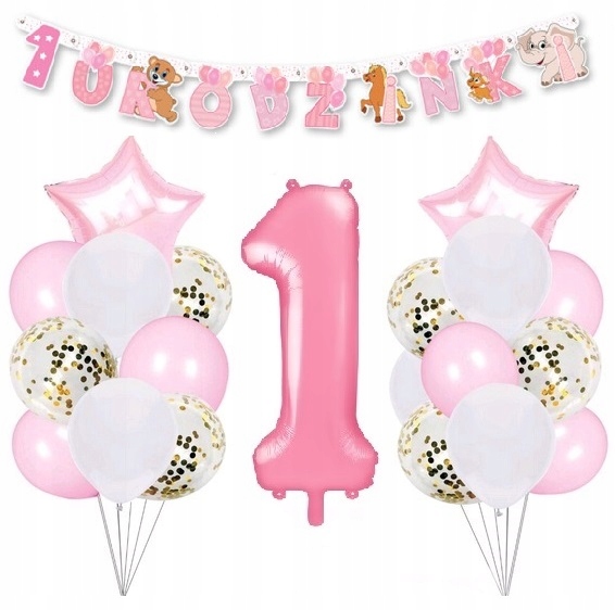 

Balony z konfetti zestaw cyfra 1 na roczek różowe