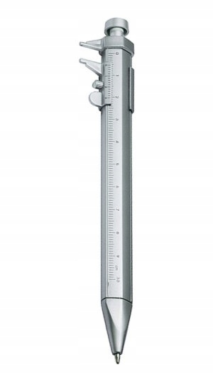 Długopis srebrny z suwmiarką miarka metrówka wkład niebieski