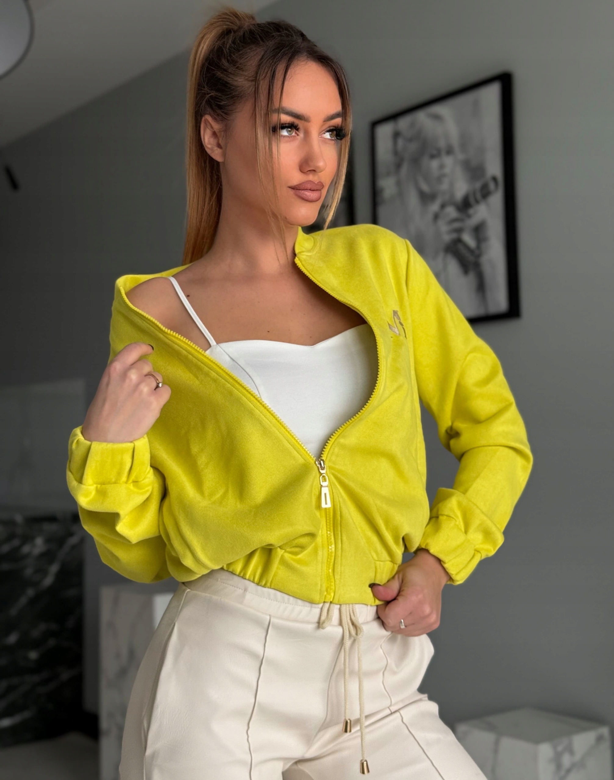 Módní bunda Bomber Dámská Semišová Žlutá Krátká S