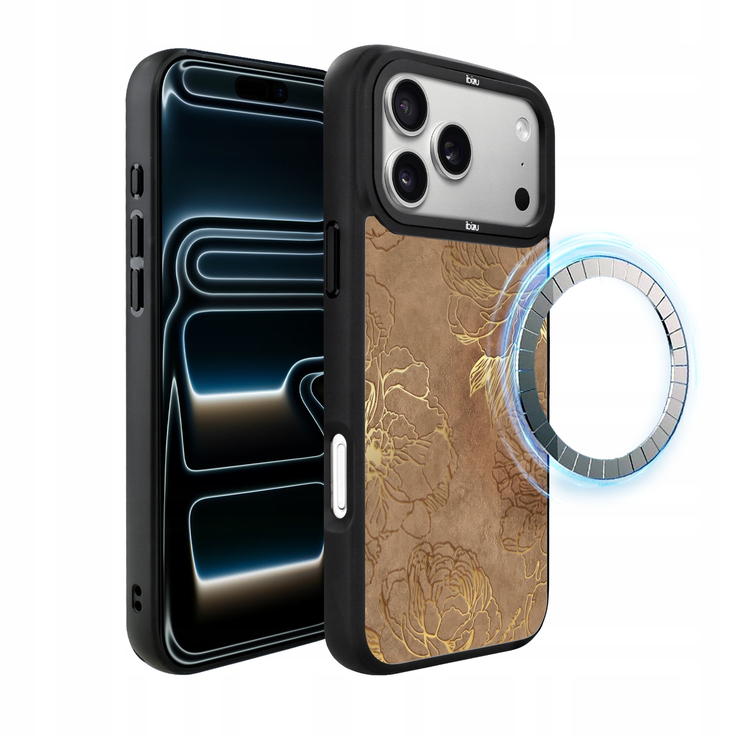 Pouzdro pro iPhone 17 Pro Ibizu DropGuard Matt s MagSafe, zlaté pivoňky