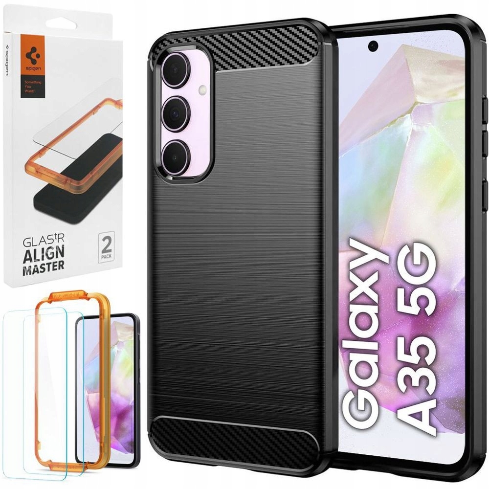 Pouzdro Carbon Soft Case Coal Black 2x Sklo Spigen pro Samsung Galaxy A35 5G