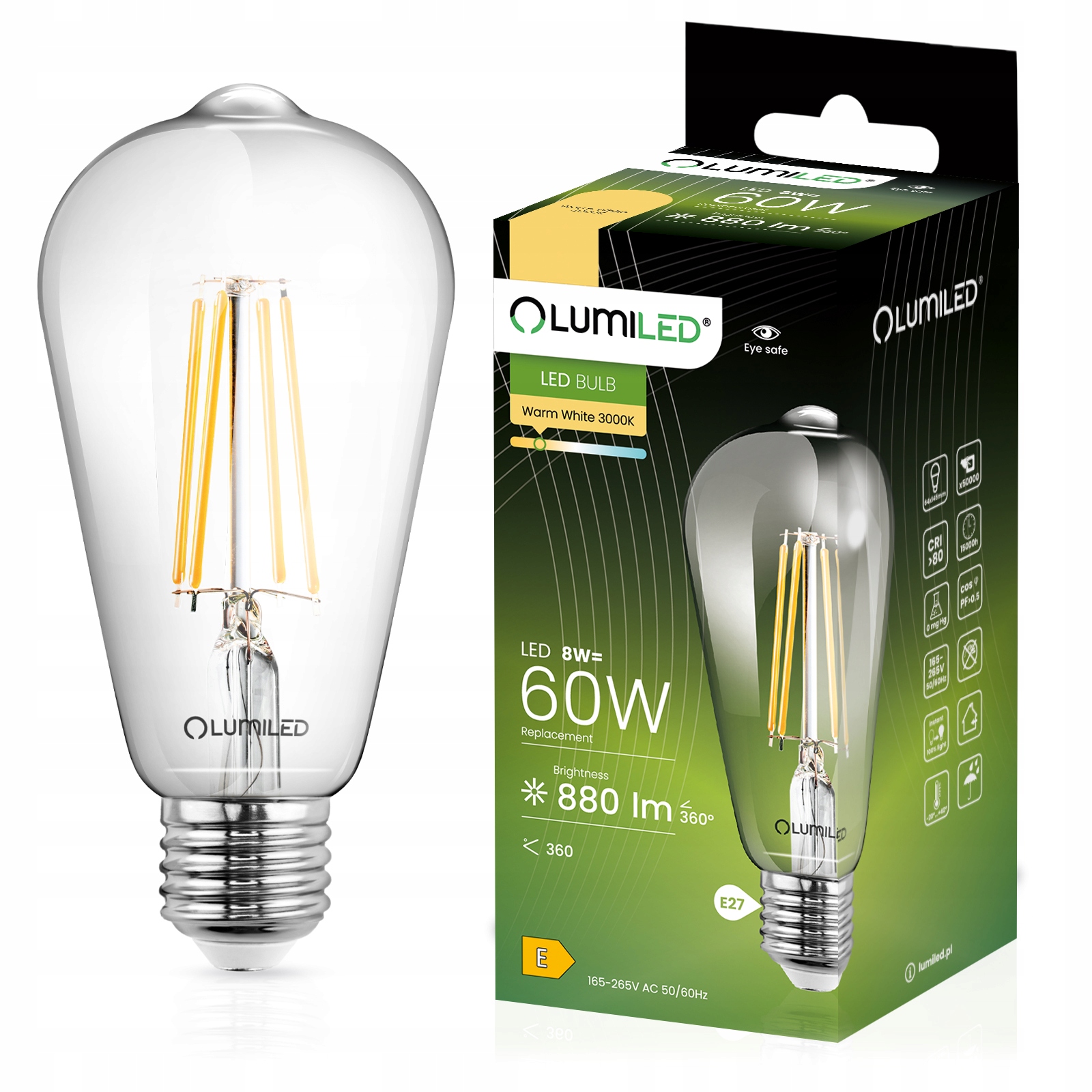 Żarówka LED E27 EDISON ST64 8W = 60W 3000K Ciepła FILAMENT OZDOBNA RETRO