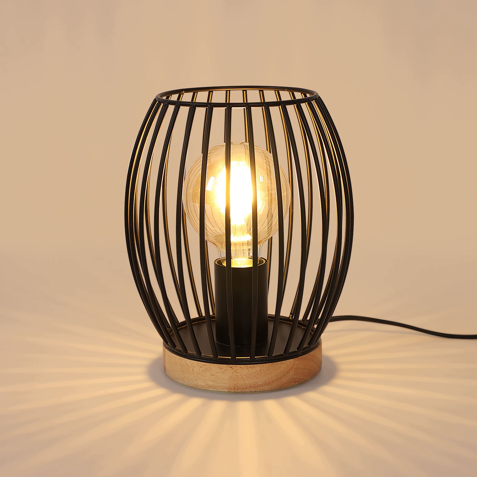 Noční stolní lampa E27 černá kov dřevo retro 21 cm Comely