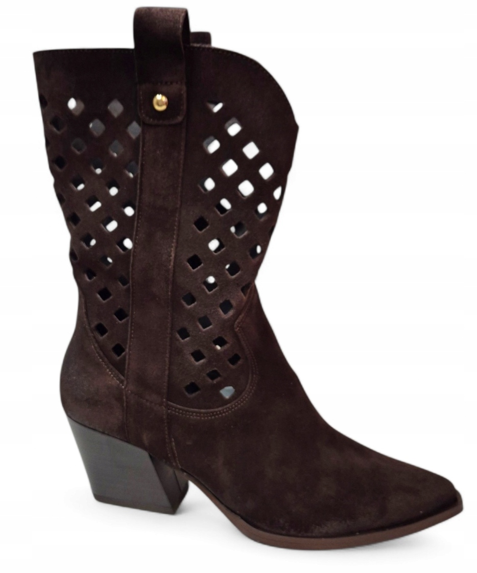 Gamis 8174 Ažurované Kovbojské Boty Čokoládová kůže semiš vel.36