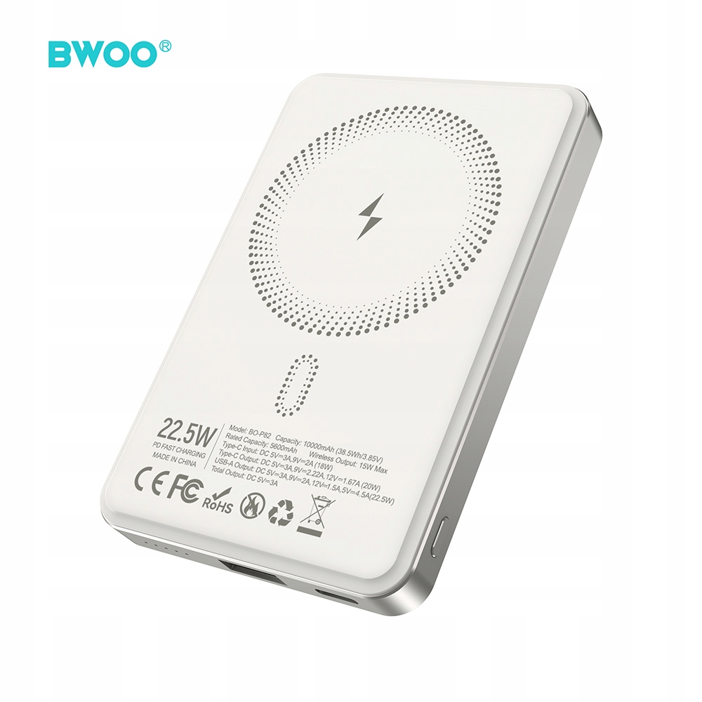 Bwoo Power Bank P82 10000MAH 15W Bezprzewodowy Do Smartfonów Slim Design