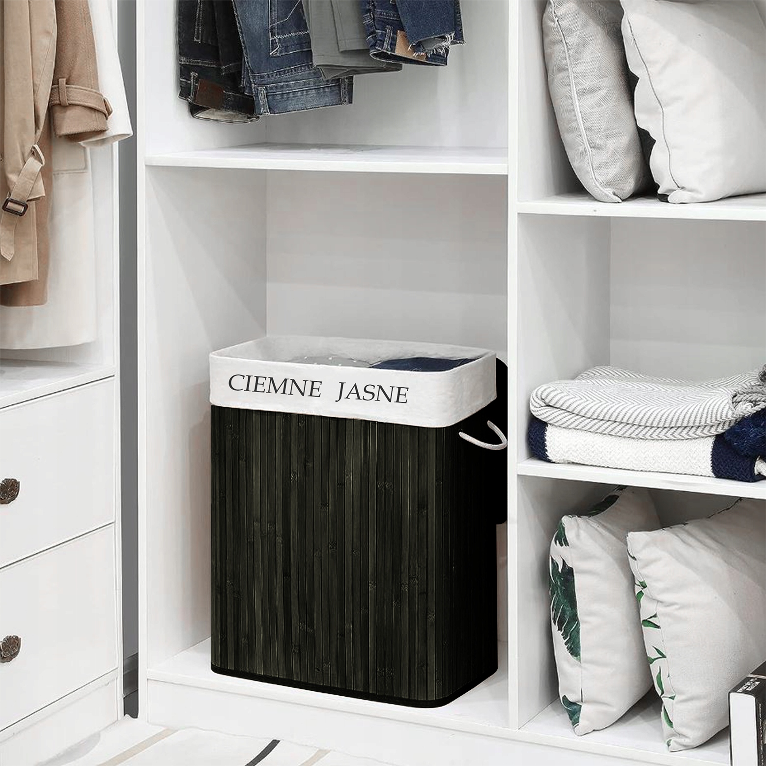 KOSZ BAMBUSOWY NA PRANIE DWUKOMOROWY POJEMNIK 100L CZARNY Szerokość produktu 52 cm