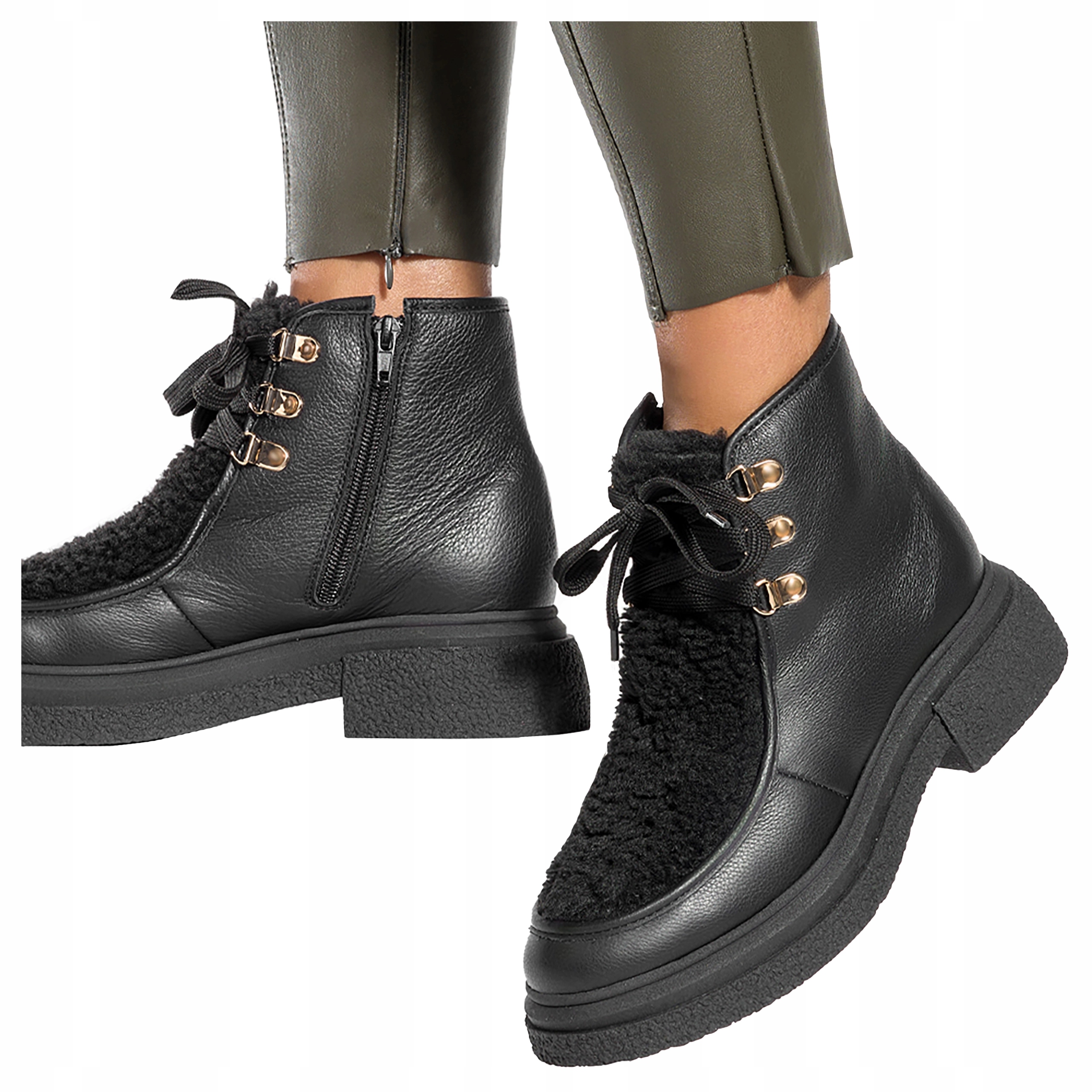 Sněhule Kotníkové Boty Černé Kožené S kožíškem Šněrovací Polský Výrobek vel. 38