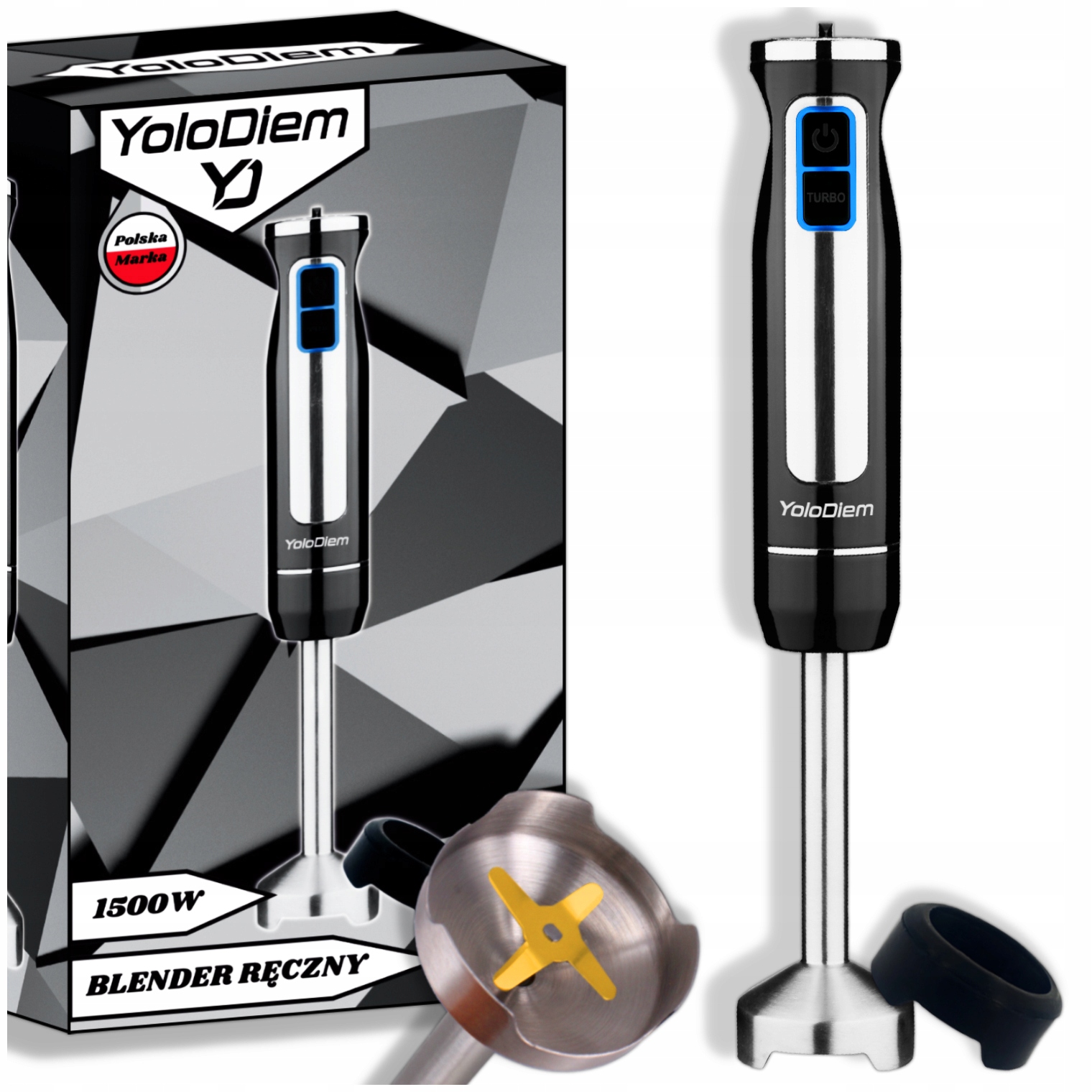 Blender Ręczny 1500W Pro 4 Tytanowe Ostrza Regulacja Prędkości Nakładka