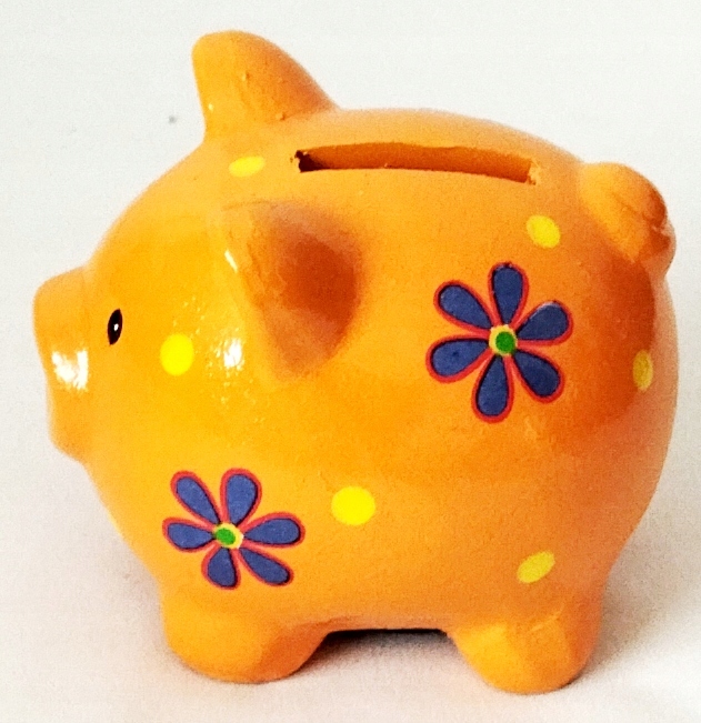 

Skarbonka ceramiczna świnka w kwiatki pomarańczowa